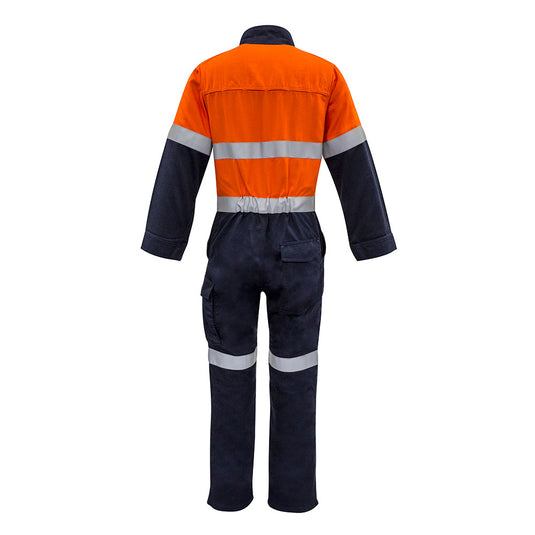 Syzmik 10cal Inherent FR Hoop Taped Overall featuring a stand-up collar, multiple pockets, and reflective tape, designed with MODATech® fabric for comfort and safety, ideal for workplace protection.