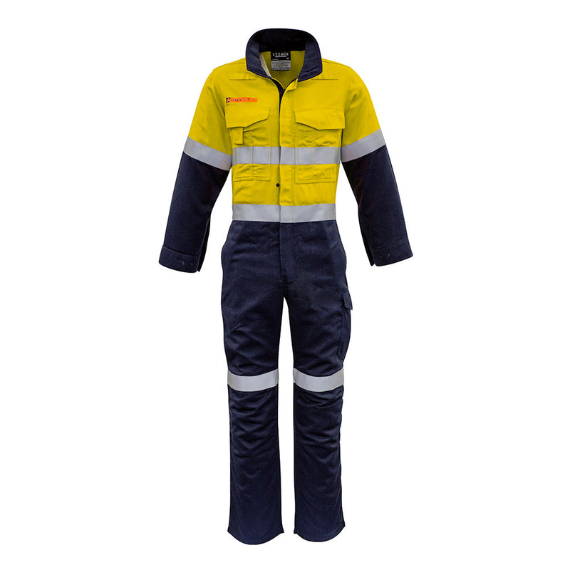 Load image into Gallery viewer, Syzmik 10cal Inherent FR Hoop Taped Overall showcases durable, breathable MODATech® fabric with a stand-up collar, reflective tape, and multiple utility pockets, designed for enhanced safety and comfort in demanding work environments.