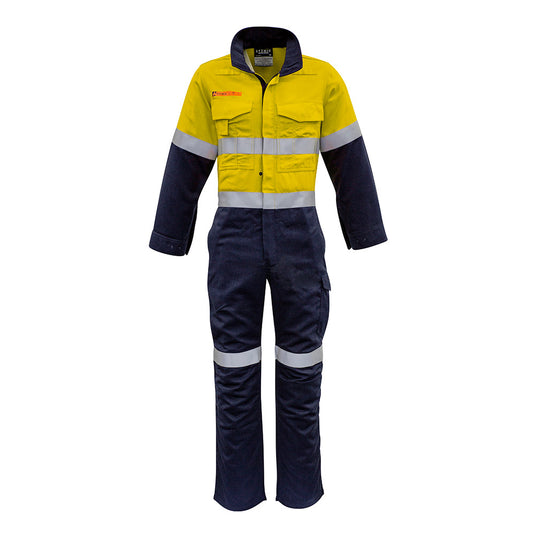 Syzmik 10cal Inherent FR Hoop Taped Overall showcases durable, breathable MODATech® fabric with a stand-up collar, reflective tape, and multiple utility pockets, designed for enhanced safety and comfort in demanding work environments.