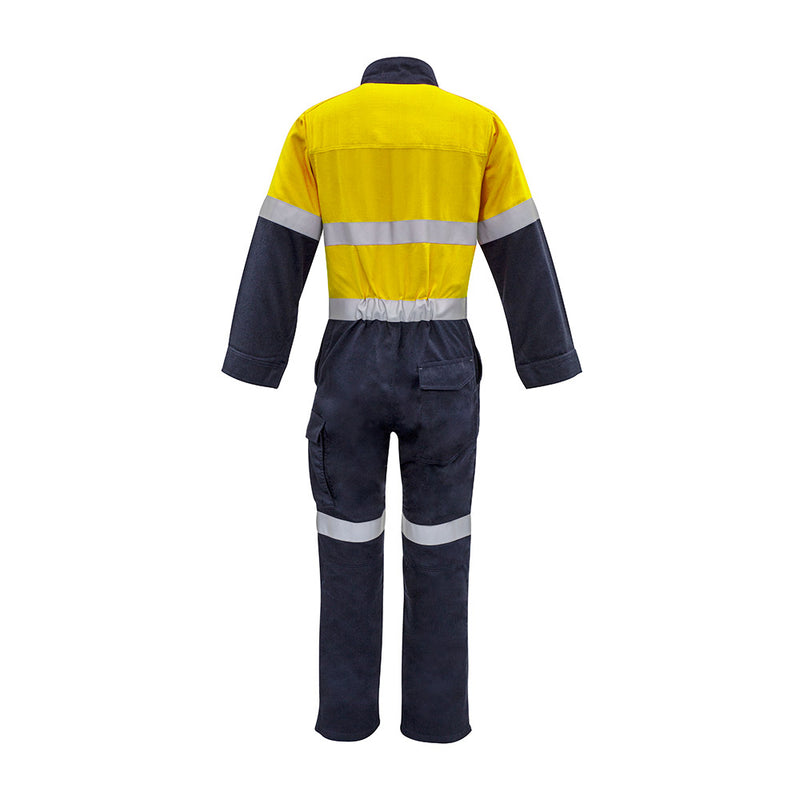 Load image into Gallery viewer, Syzmik 10cal Inherent FR Hoop Taped Overall featuring a stand-up collar, concealed FR zip, multiple pockets, reflective tape, and gusset sleeve closures, designed for optimal protection and comfort in safety workwear.