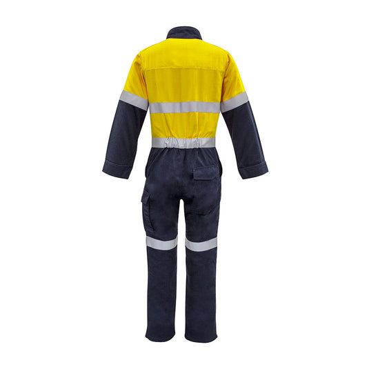 Syzmik 10cal Inherent FR Hoop Taped Overall featuring a stand-up collar, concealed FR zip, multiple pockets, reflective tape, and gusset sleeve closures, designed for optimal protection and comfort in safety workwear.