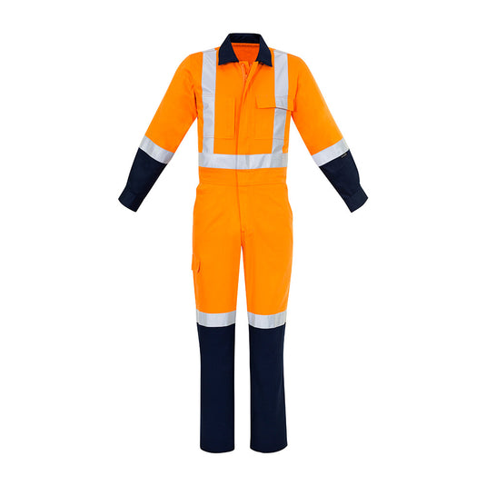 Syzmik TTMC-W17 Cotton Overall showcasing durable 100% cotton drill fabric, two chest pockets, a large cargo pocket, and triple stitching, designed for comfort and utility in safety-focused work environments.