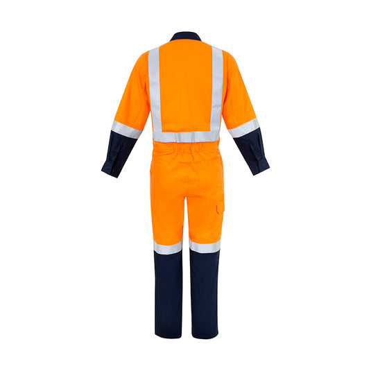 Syzmik TTMC-W17 Cotton Overall featuring durable, lightweight cotton drill, chest and cargo pockets with quick-close tape, vertical zipper, triple-stitched crotch, and multiple accessible pockets for practical workwear utility.