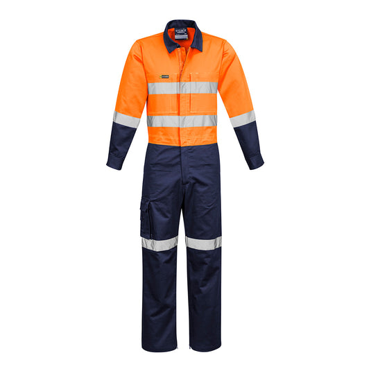Syzmik Rugged Cooling Taped Overall featuring high-visibility tape pattern, robust design with chest zippers, cargo and phone pockets, reinforced stress points, and zip gusset for boots, ideal for workplace safety.