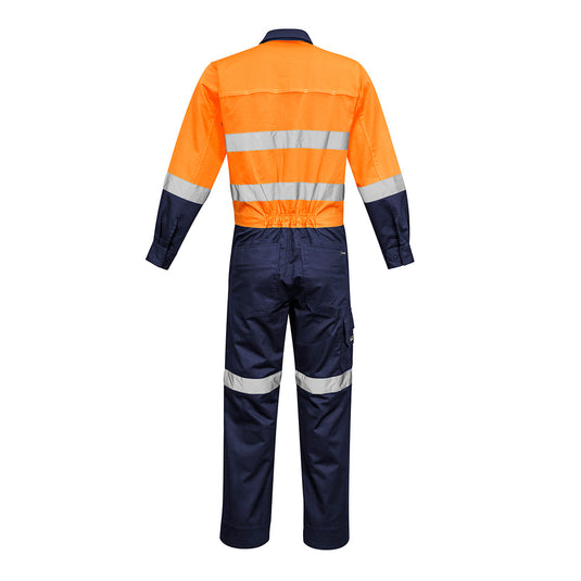 Syzmik Rugged Cooling Taped Overall, showcasing a durable back view design with reflective tape, reinforced stress points, and functional pockets, ideal for safety and work environments.