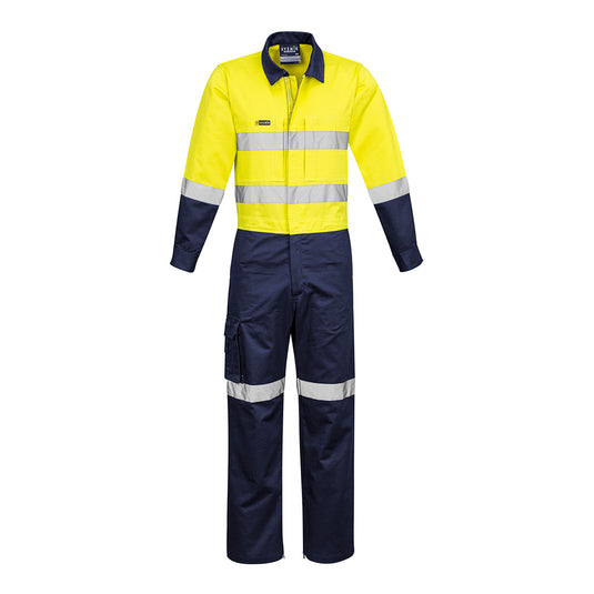 Syzmik Rugged Cooling Taped Overall featuring reflective tape pattern, zip gusset at hem, and multiple pockets, designed for durability and flexibility in active safety environments.