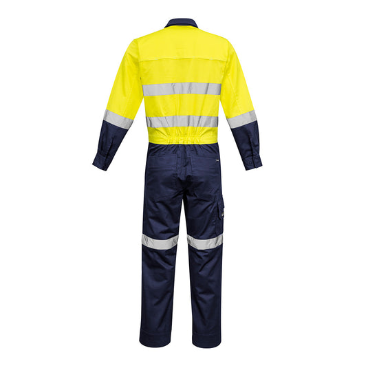 Syzmik Rugged Cooling Taped Overall featuring a yellow and blue design, with reflective tape, chest pockets, and reinforced stress points, ideal for workplace safety and comfort from Active Safety.