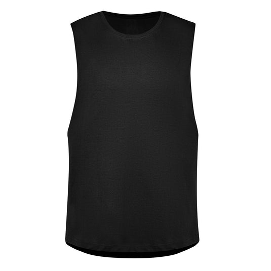 Syzmik Streetworx Sleeveless Tee, crafted from 100% super compact cotton, features a longer tail with a curved hem and taped shoulders, offering a casual yet durable option for workplace apparel.
