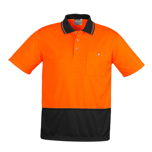 Syzmik Hi Vis Unisex Polo Shirt featuring a sleek design with a chest pocket and pen insert, crafted from moisture-wicking, breathable microfibre polyester, ideal for safety and work environments.