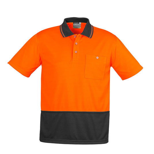 Syzmik Hi Vis Unisex Polo Shirt featuring a sleek design with a collar and chest pocket, ideal for active safety environments, showcasing its durable, breathable fabric suitable for workplace use.