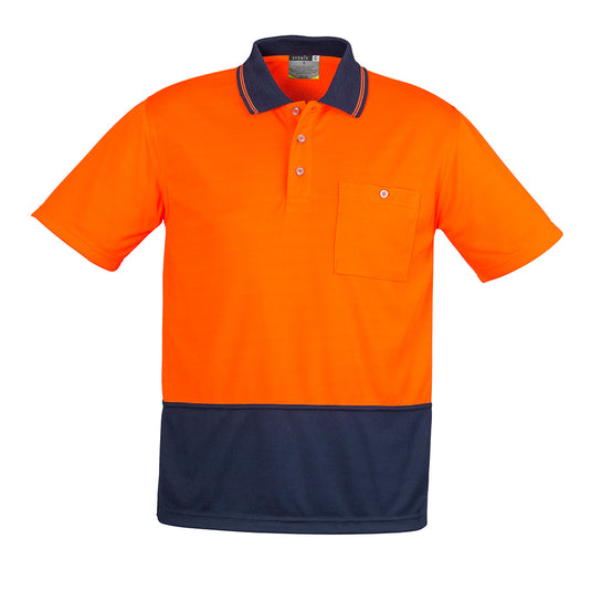 Syzmik Hi Vis Unisex Polo Shirt showcasing a sleek design with a chest pocket and pen insert, crafted from moisture-wicking, breathable polyester fabric, ideal for active safety and workplace use.