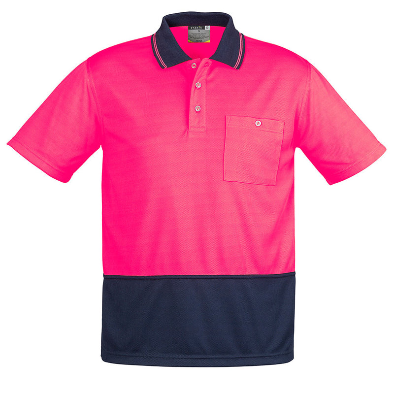 Load image into Gallery viewer, Syzmik Hi Vis Unisex Polo Shirt featuring a pink and navy design, with a chest pocket and pen insert. Made from moisture-wicking polyester, ideal for safety and workwear environments.