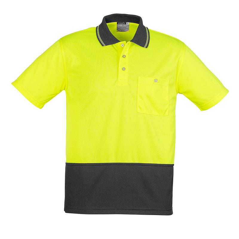 Load image into Gallery viewer, Syzmik Hi Vis Unisex Polo Shirt featuring a yellow and black design, showcasing a collar and chest pocket with pen insert, suitable for safety and workplace environments. Made from moisture-wicking, breathable polyester.