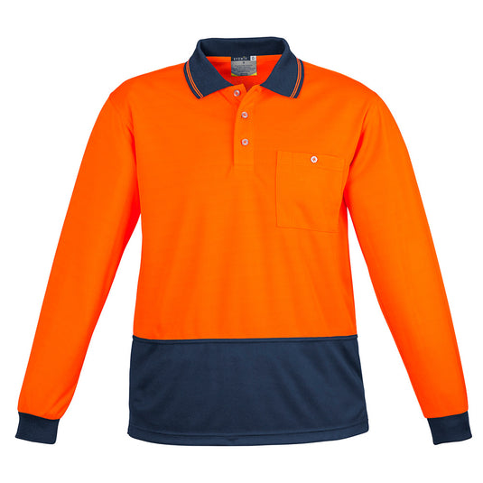 Syzmik Hi Vis Spliced L/S Polo Shirt, featuring long sleeves, a chest pocket with pen insert, crafted from moisture-wicking, breathable polyester fabric, ideal for safety and workplace environments.