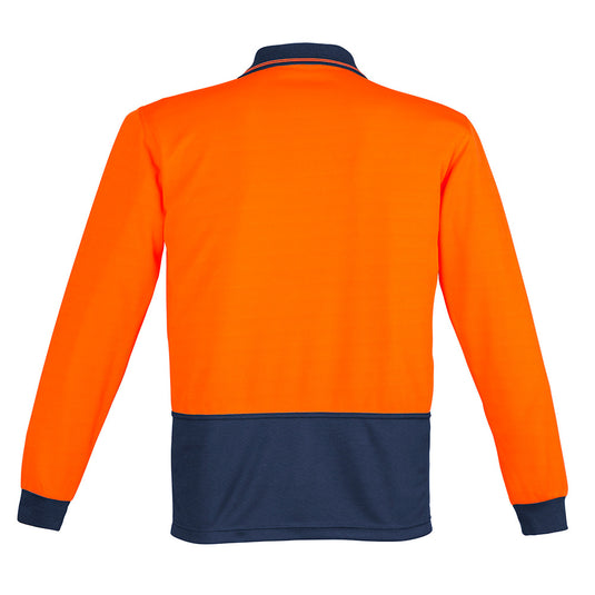 Syzmik Hi Vis Spliced L/S Polo Shirt features long sleeves and a chest pocket with pen insert, designed for moisture wicking, breathability, and quick drying, ideal for active safety work environments.