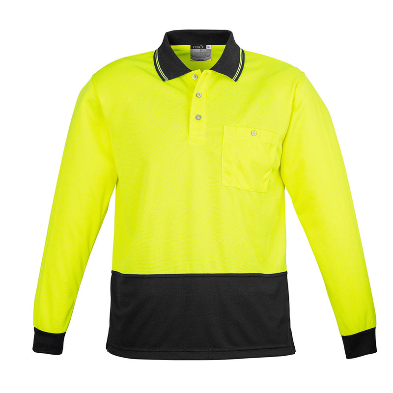 Load image into Gallery viewer, Syzmik Hi Vis Spliced L/S Polo Shirt featuring long sleeves and a chest pocket with pen insert, crafted from breathable, moisture-wicking 100% polyester, ideal for safety and active work environments.