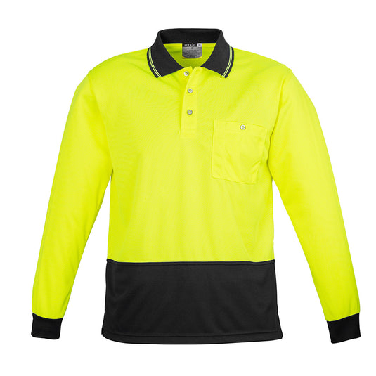 Syzmik Hi Vis Spliced L/S Polo Shirt featuring long sleeves and a chest pocket with pen insert, crafted from breathable, moisture-wicking 100% polyester, ideal for safety and active work environments.