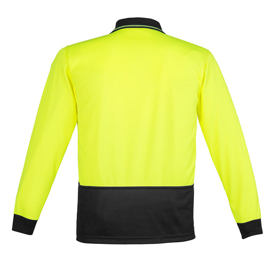 Syzmik Hi Vis Spliced L/S Polo Shirt featuring a yellow and black design, long sleeves, and a chest pocket with pen insert, ideal for safety and workplace environments.