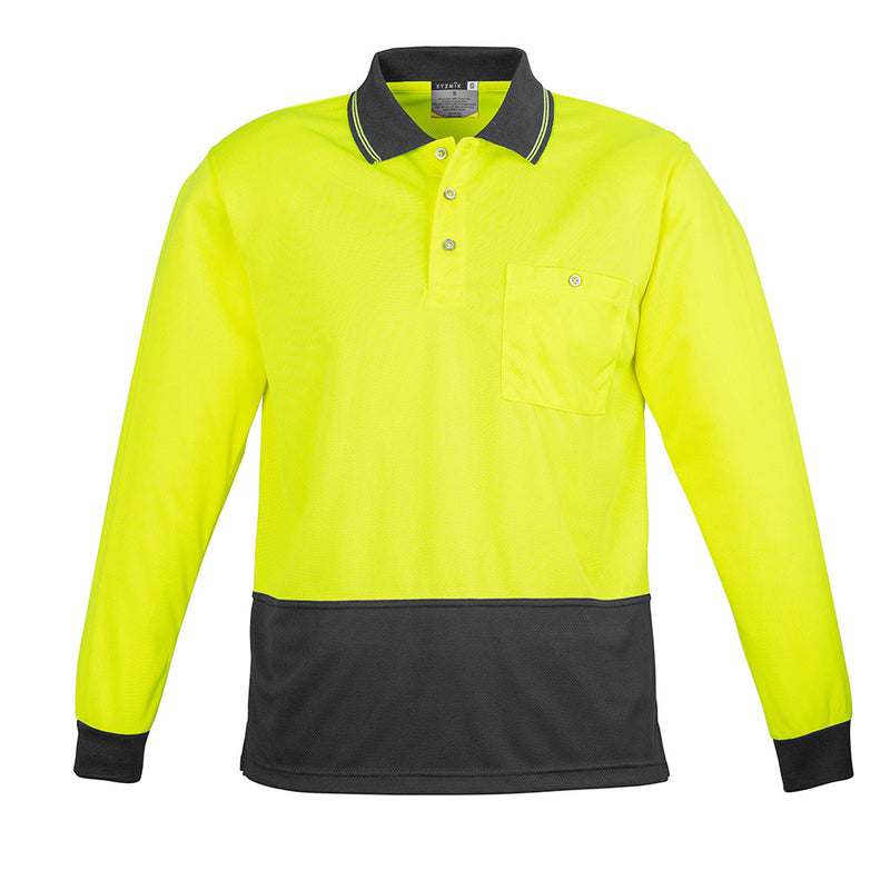Load image into Gallery viewer, Syzmik Hi Vis Spliced L/S Polo Shirt featuring a sleek design with long sleeves, moisture-wicking 100% polyester fabric, and a chest pocket with pen insert, ideal for workplace safety and comfort.