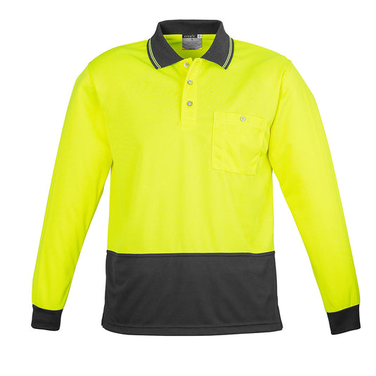 Syzmik Hi Vis Spliced L/S Polo Shirt featuring a sleek design with long sleeves, moisture-wicking 100% polyester fabric, and a chest pocket with pen insert, ideal for workplace safety and comfort.