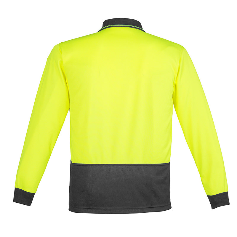 Load image into Gallery viewer, Syzmik Hi Vis Spliced L/S Polo Shirt featuring a long sleeve design, highlighted by a chest pocket with pen insert. Constructed from moisture-wicking, breathable polyester, ideal for workplace safety and comfort.