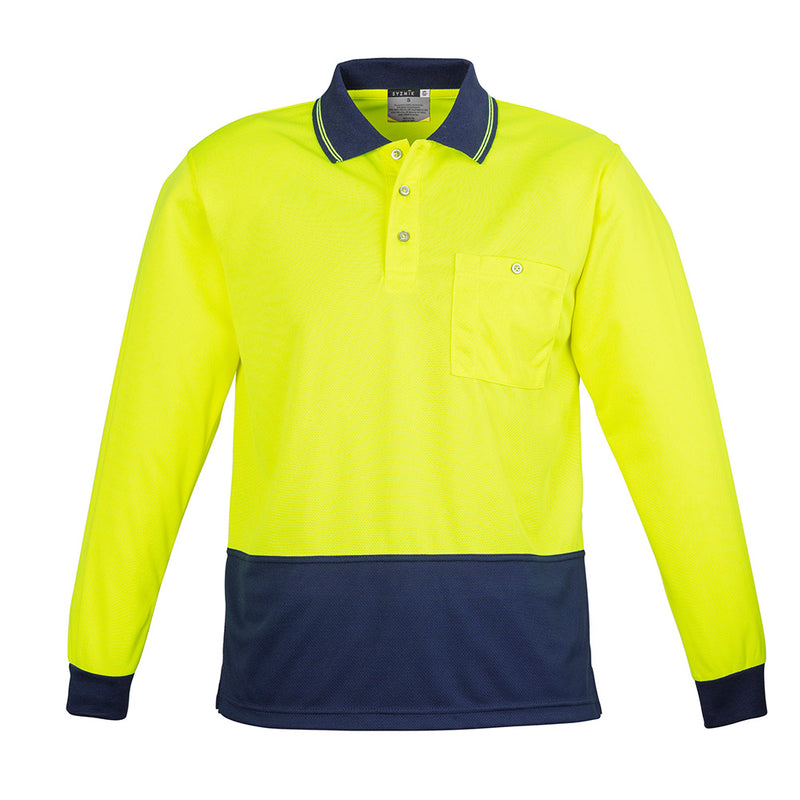 Load image into Gallery viewer, Syzmik Hi Vis Spliced L/S Polo Shirt featuring a yellow and blue design, long sleeves, and a chest pocket with pen insert, ideal for safety and workwear.