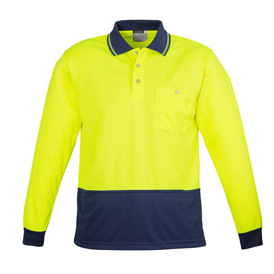 Syzmik Hi Vis Spliced L/S Polo Shirt featuring a yellow and blue design, long sleeves, and a chest pocket with pen insert, ideal for safety and workwear.