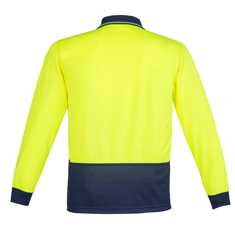 Load image into Gallery viewer, Syzmik Hi Vis Spliced L/S Polo Shirt, featuring long sleeves and a chest pocket with pen insert, designed with moisture-wicking, breathable, quick-dry polyester fabric, ideal for safety-conscious workplace attire.