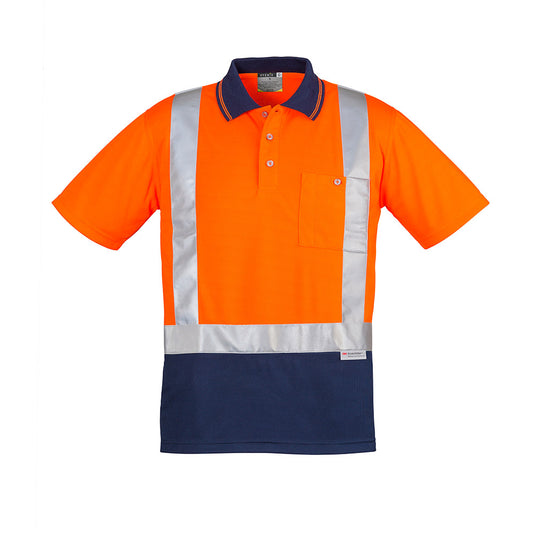 Syzmik Hi Vis Taped Short Sleeve Polo featuring a chest pocket with pen insert, reflective tape, and made from breathable, moisture-wicking 100% polyester, ideal for workplace safety and comfort.