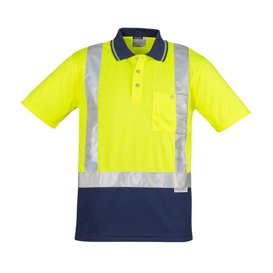 Syzmik Hi Vis Taped Short Sleeve Polo featuring a chest pocket with pen insert, reflective tape, and crafted from 100% polyester for breathability and quick-dry comfort, ideal for workplace safety.