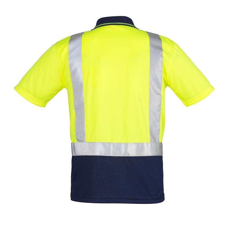Load image into Gallery viewer, Syzmik Hi Vis Taped Short Sleeve Polo featuring reflective tape, a chest pocket with pen insert, and moisture-wicking polyester fabric, ideal for high visibility and breathability in workplace settings.