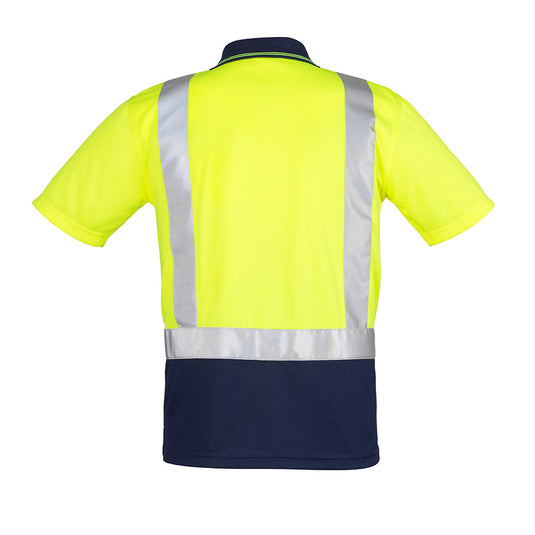 Syzmik Hi Vis Taped Short Sleeve Polo featuring reflective tape, a chest pocket with pen insert, and moisture-wicking polyester fabric, ideal for high visibility and breathability in workplace settings.