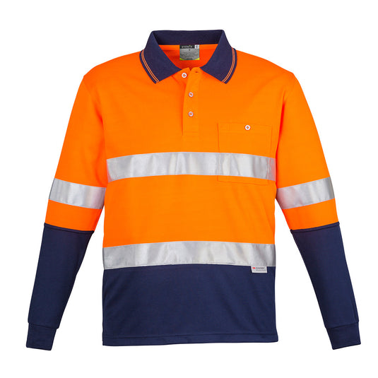 Syzmik Hi Vis Taped L/S Spliced Polo Shirt featuring long sleeves, reflective 3M™ 8910 tape, and a chest pocket with pen insert, ideal for safety-focused environments with moisture-wicking and quick-dry properties.
