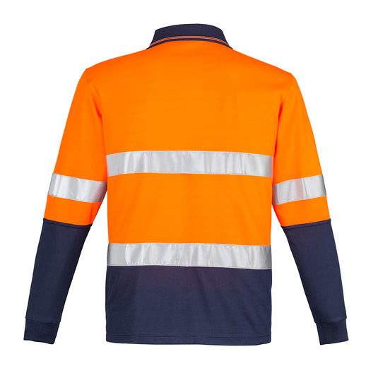 Syzmik Hi Vis Taped L/S Spliced Polo Shirt featuring long sleeves and reflective stripes, designed for safety with a chest pocket and pen insert. Ideal for workplace environments from Active Safety.