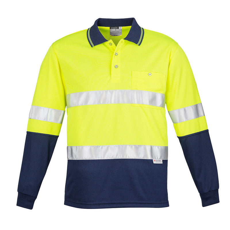Load image into Gallery viewer, Syzmik Hi Vis Taped L/S Spliced Polo Shirt featuring long sleeves, a chest pocket with pen insert, and 3M™ reflective tape, ideal for safety and comfort in workplace environments.