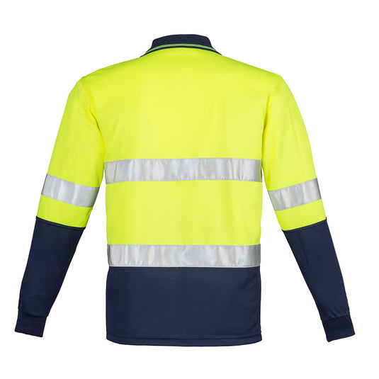Syzmik Hi Vis Taped L/S Spliced Polo Shirt with long sleeves features reflective stripes, a chest pocket with pen insert, and breathable, quick-dry fabric, suitable for safety-conscious workplaces.
