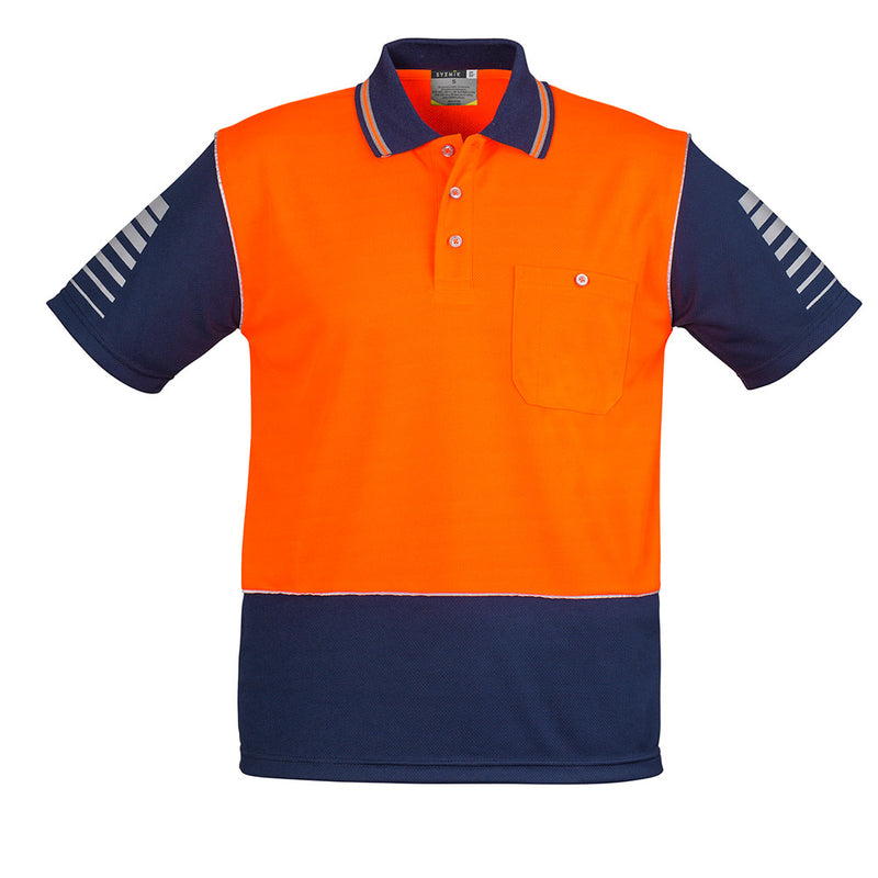 Load image into Gallery viewer, Syzmik Hi Vis Zone Polo Shirt featuring a blue collar and sleeve print detail, with 3M™ reflective piping. Designed for active use with moisture-wicking, breathable polyester fabric, ideal for safety-oriented environments.