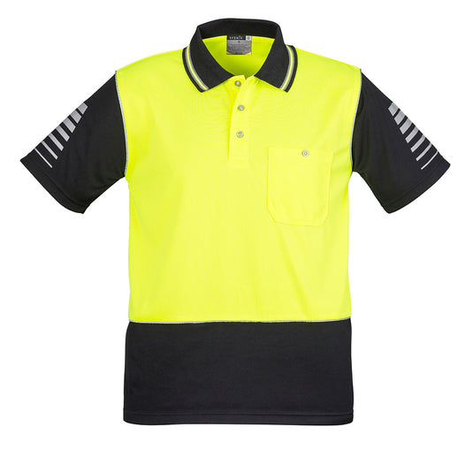 Syzmik Hi Vis Zone Polo Shirt featuring moisture-wicking fabric and 3M™ reflective piping, designed for high visibility and breathability, ideal for active workplace safety environments.