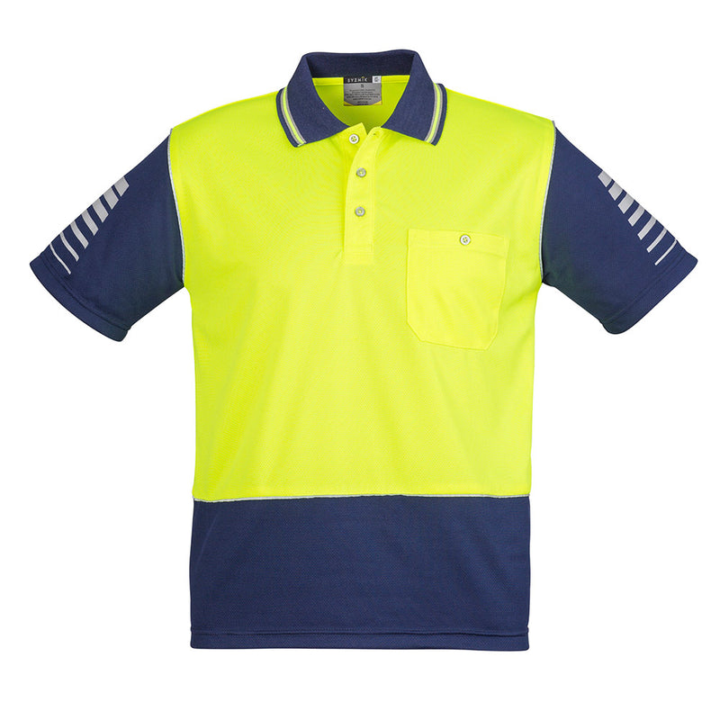 Load image into Gallery viewer, Syzmik Hi Vis Zone Polo Shirt, featuring moisture-wicking fabric and breathable design, with sleeve print and 3M™ reflective piping, ideal for active safety and work environments.