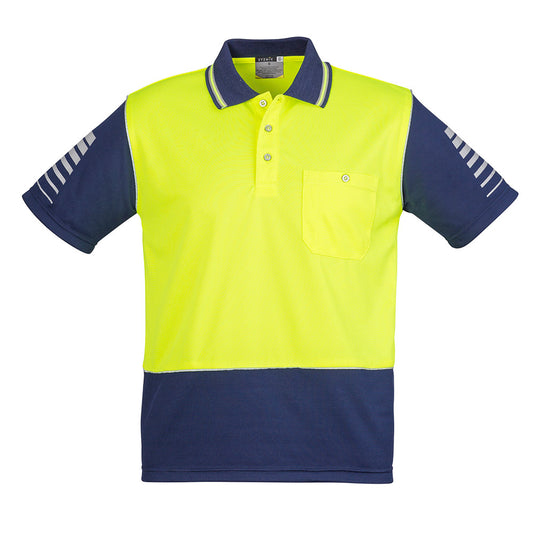 Syzmik Hi Vis Zone Polo Shirt, featuring moisture-wicking fabric and breathable design, with sleeve print and 3M™ reflective piping, ideal for active safety and work environments.
