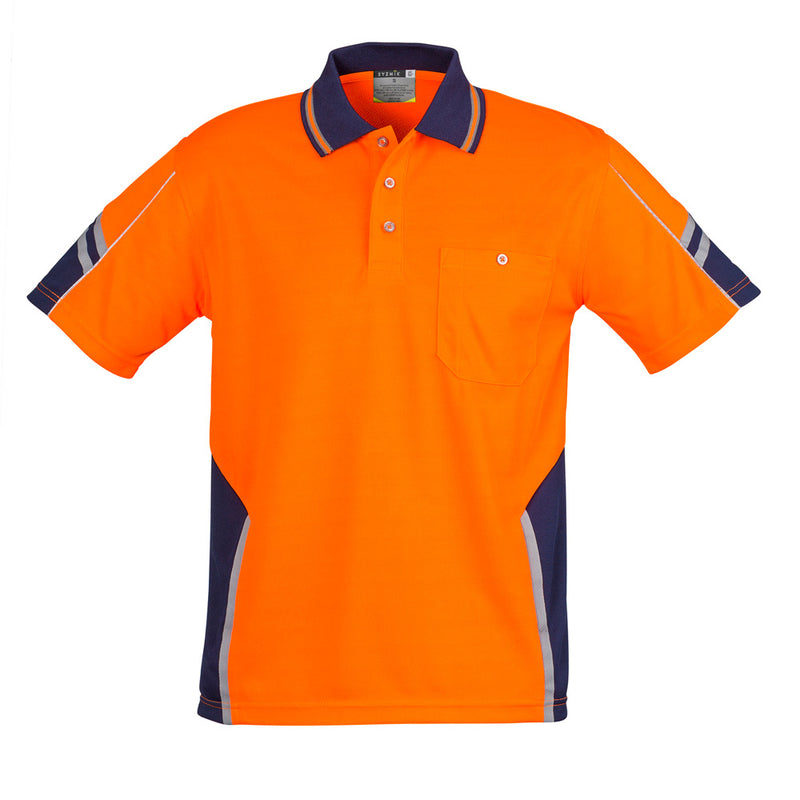 Load image into Gallery viewer, Syzmik Squad Hi Vis Polo Shirt featuring moisture-wicking 100% polyester, chest pocket with pen insert, arm and side panel design, and 3M™ reflective piping, ideal for safety-focused workplaces.