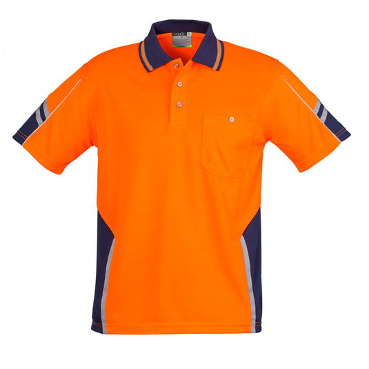 Syzmik Squad Hi Vis Polo Shirt featuring moisture-wicking 100% polyester, chest pocket with pen insert, arm and side panel design, and 3M™ reflective piping, ideal for safety-focused workplaces.