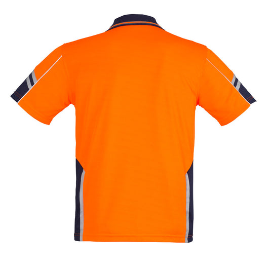 Back view of the Syzmik Squad Hi Vis Polo Shirt, featuring a chest pocket with pen insert, arm and side panel design, and 3M™ reflective piping, ideal for safety and workplace environments.