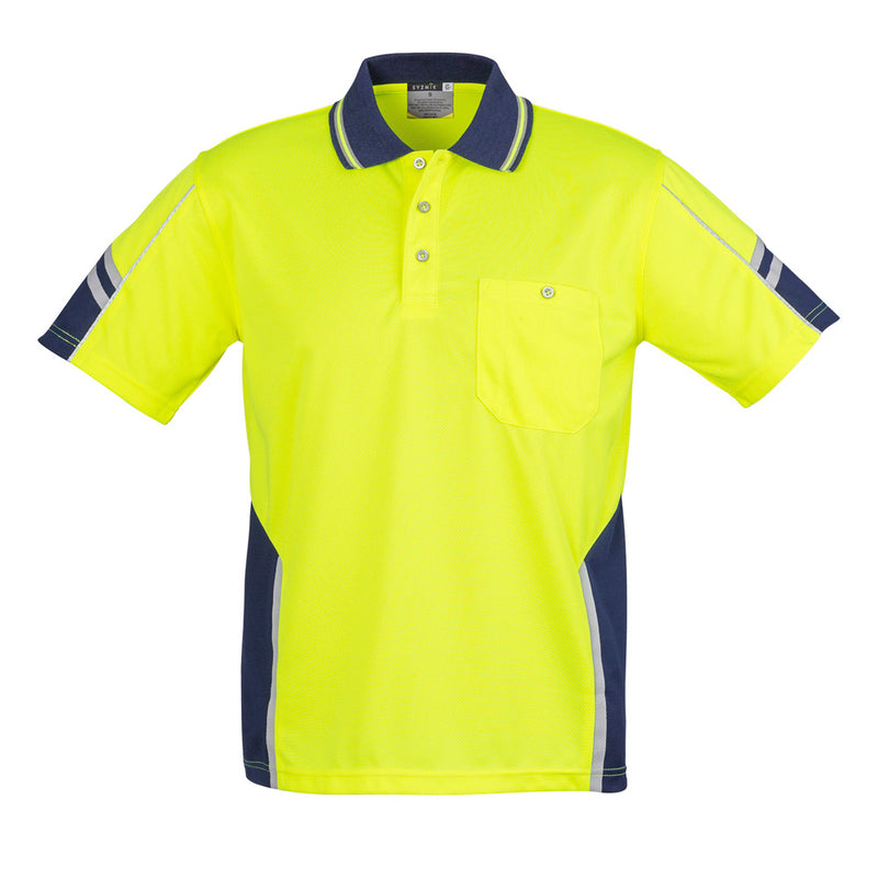 Load image into Gallery viewer, Syzmik Squad Hi Vis Polo Shirt, featuring blue stripes and reflective piping, showcases a chest pocket with pen insert. Designed for safety, it boasts breathable, moisture-wicking polyester for active work environments.
