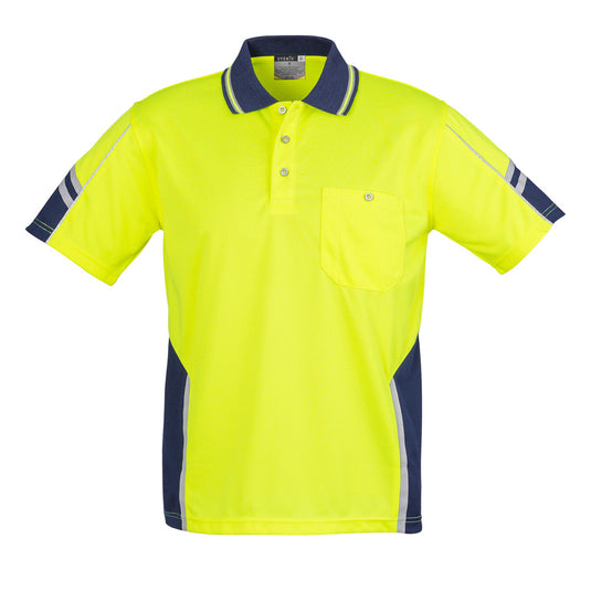 Syzmik Squad Hi Vis Polo Shirt, featuring blue stripes and reflective piping, showcases a chest pocket with pen insert. Designed for safety, it boasts breathable, moisture-wicking polyester for active work environments.