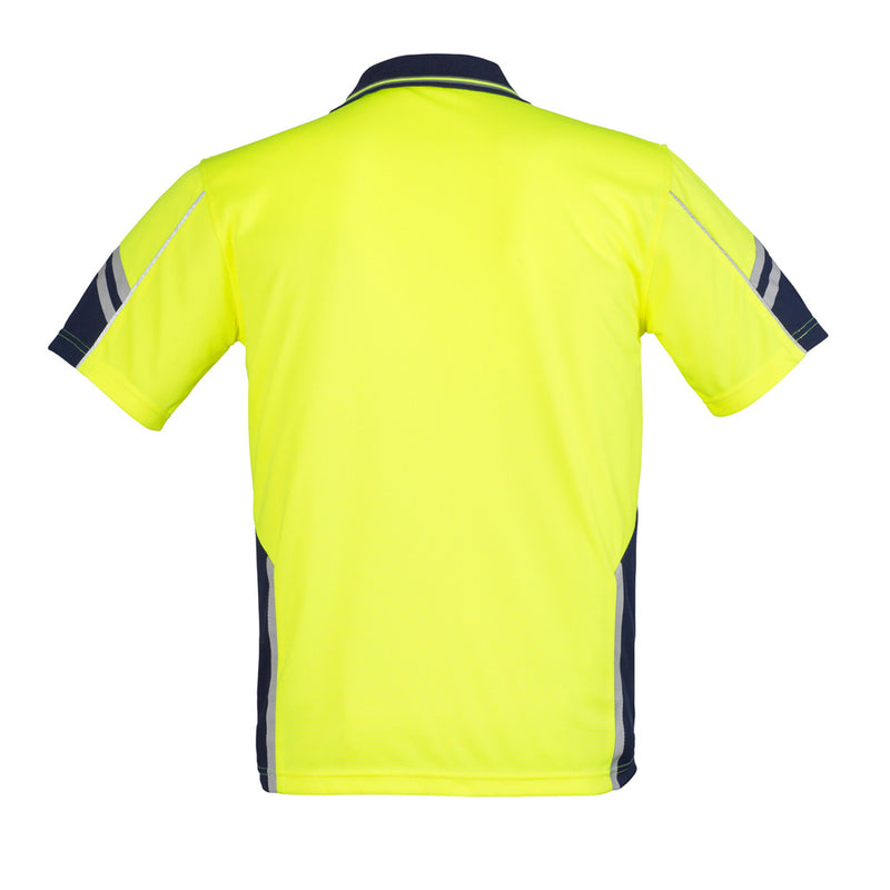 Load image into Gallery viewer, Syzmik Squad Hi Vis Polo Shirt showcasing a blue-striped design with a chest pocket and pen insert, featuring reflective piping, ideal for safety and work environments.