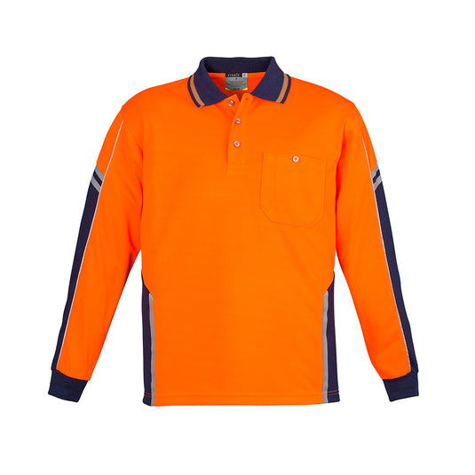 Syzmik Hi Vis Squad L/S Polo Shirt featuring long sleeves, a chest pocket with pen insert, arm and side panel design, and 3M™ reflective piping, ideal for workplace safety and comfort.