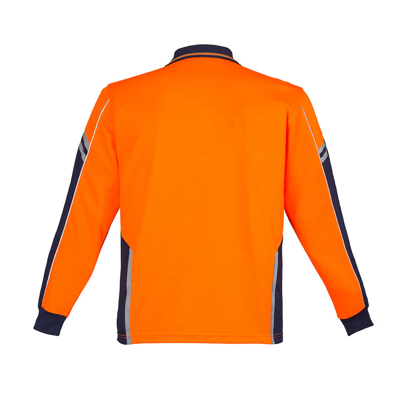 Load image into Gallery viewer, Syzmik Hi Vis Squad L/S Polo Shirt, back view, showcasing long sleeves and functional design with a chest pocket and reflective piping, tailored for safety and work environments.