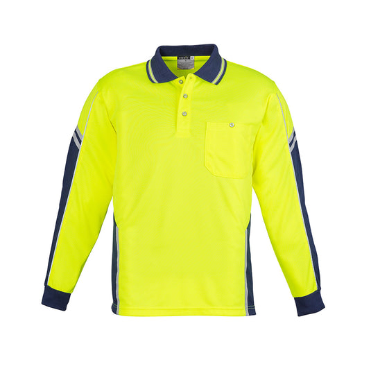 Syzmik Hi Vis Squad L/S Polo Shirt featuring long sleeves, a chest pocket with pen insert, arm and side panel details, and 3M™ reflective piping, ideal for workplace safety and comfort.