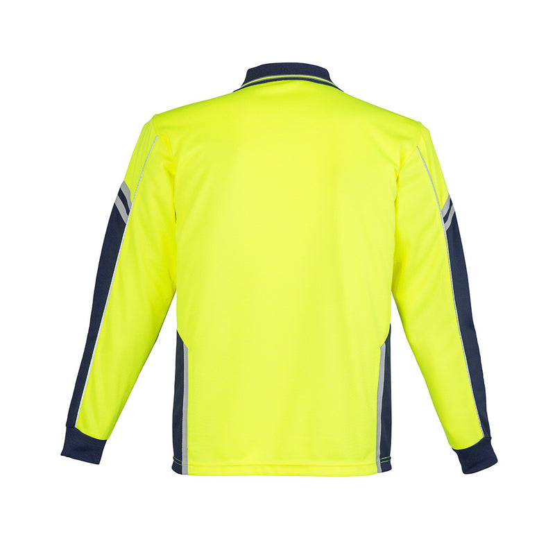 Load image into Gallery viewer, Syzmik Hi Vis Squad L/S Polo Shirt featuring a striking design with reflective piping details, a chest pocket with pen insert, and detailed arm and side panels, ideal for workplace safety and comfort.